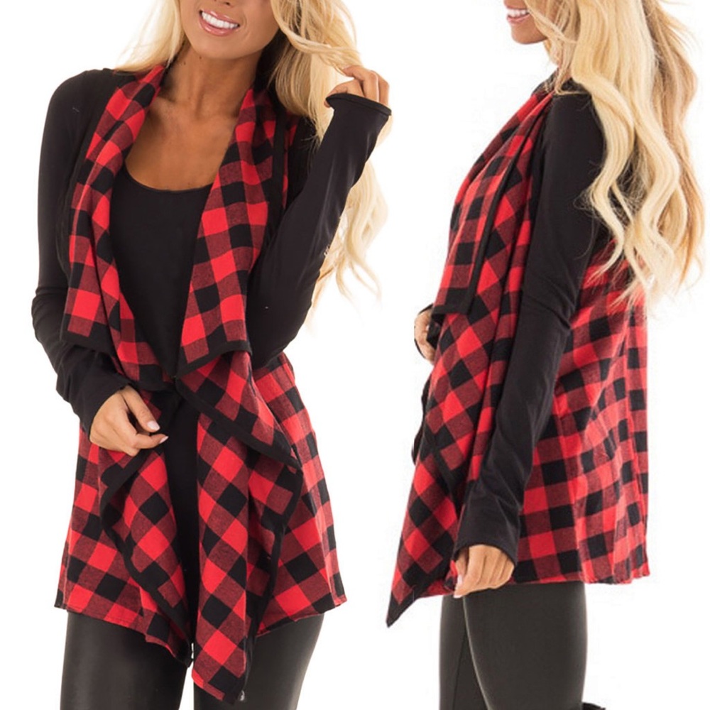Red & Black Buffalo Plaid Asymmetric Open Vest - Picture 4 of 16